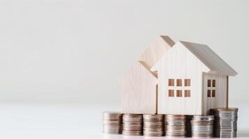 A wooden house with a pile of coins on top of it photo