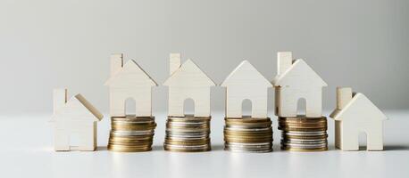 A stack of coins and wooden houses. Solid white background with copy space, finance, mortgage, investment, real estate concept photo