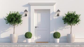 A modern white house with a large stylish front door, white walls, door mat, trees in pots and lamps. Real estate concept. photo