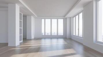 A large, empty room with white walls and wooden floors. Real estate concept photo