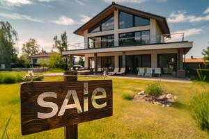 A sign in front of a house that says Sale. The house is a large, modern home with a large yard photo