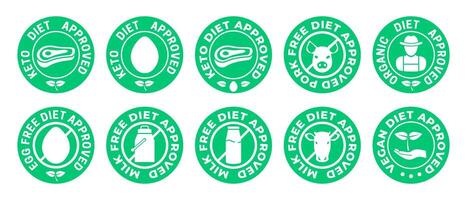 Keto Diet Approved, Pork Free, Organic, Egg, Milk and vegan Icon vector