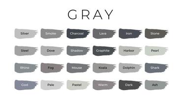 Gray Paint Color Swatches with Shade Names on Brush Strokes vector