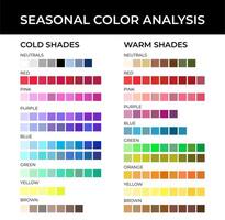 Seasonal Color Analysis Color Palette with Cold and Warm Shades, Neutrals, Red, Pink, Purple, Blue, Green, Orange, Yellow and Brown Color Swatches vector