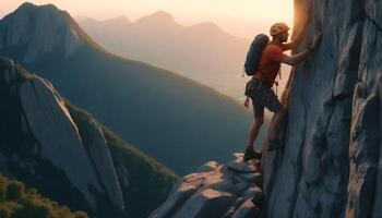 A rock climber standing on a rocky cliff overlooking a vast mountain landscape photo