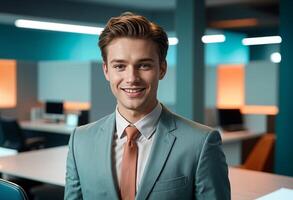 Portrait of an employee wearing formal suit and tie smiling confidently in an office setting photo