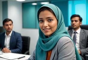 A young confident woman wearing a green hijab, smiling in an office setting photo