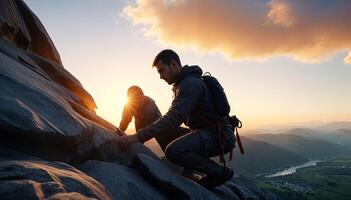 Unity and teamwork concept Two climbers reach out to each other against the backdrop of a sunset photo