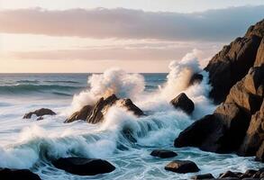 Nature background concept waves crash against rugged rocks at sunrise photo