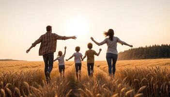 Parents Day concept family running through golden wheat field sillhoute at sunset photo