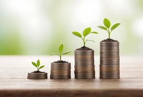 Finance growth concept plants growing in top of the stacks of coins photo