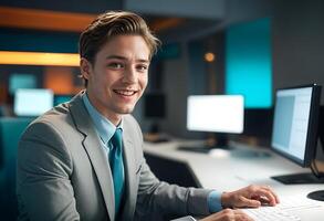 retrato de un sonriente empleado trabajando en el oficina en profesional Mira foto