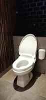 WC or white toilet bowl with flushing water photo