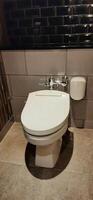 WC or white toilet bowl with flushing water photo