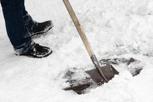 A skilled worker efficiently clears snow using an iron shovel with a sturdy wooden handle photo