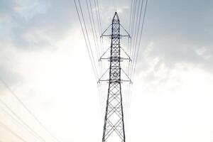 High-voltage electricity pylon under dramatic clouds photo