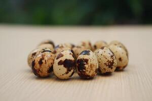 Quail eggs on a wooden background. Close-up, selective focus. photo