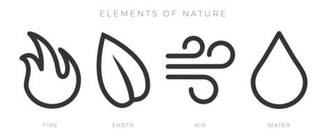 elementos de naturaleza contorno icono conjunto con fuego, tierra, aire y agua íconos vector