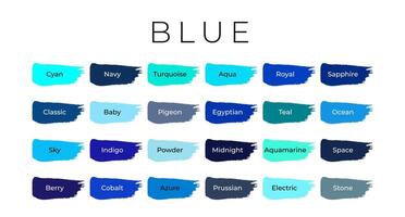 Blue Paint Color Swatches with Shade Names on Brush Strokes vector