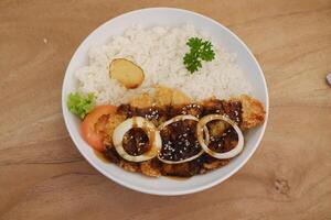japonés alimento, frito pollo en teriyaki salsa con arroz foto