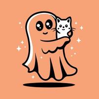 Ghost holding cat illustration fall season aesthetic minimalist illustration sticker design vector