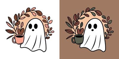 Ghost drinking coffee illustration drawing sheet ghost holding a mug Autumn Fall season aesthetic cute flat design cut file for sticker print vector