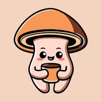 Mushroom drinking coffee cottagecore and Fall season aesthetic illustration drawing cute flat design minimalist sticker cut file vector