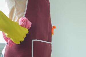 woman in a yellow apron is holding a pink towel and a bottle of cleaner. Concept of cleanliness and organization, as the woman is likely preparing to clean or tidy up a space photo