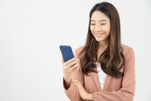 working woman, Portrait of smiling Asia girl in work clothes using mobile phone, freelance, out site, research, copy space, happy cheerful cute business, positive energy, Business plan, photo