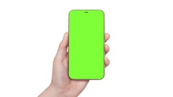 A womans hand holds a phone chromakey Mockup and presses button finger in the center of the screen. Isolated on white background animation close up 4k video