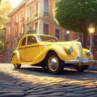 Yellow car retro vintage model 3d illustration- cartoon style cute vehicle photo