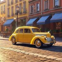 Yellow car retro vintage model 3d illustration- cartoon style cute vehicle photo