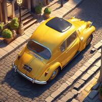 Yellow car retro vintage model 3d illustration- cartoon style cute vehicle photo