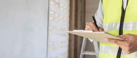 inspector or engineer is inspecting construction and quality assurance new house using a checklist. Engineers or architects or contactor work to build the house before handing it over to the homeowner photo