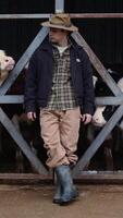 Confident Farmer Standing at the Barn Gate Surrounded by Cattle, Embodying the Authentic Spirit of Agricultural Life video