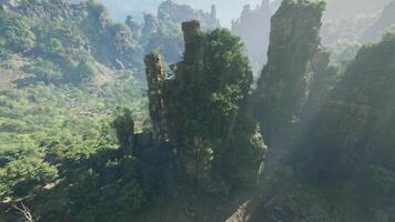 A stunning aerial view of a rocky landscape adorned with lush trees in China video