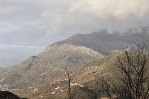 Spring in the mountains, beautiful mountain landscape. View of the mountain range and green trees. Landscape in the haze. Budva, Montenegro. Europe. Background. For text. Banner. Postcard. Vertical photo