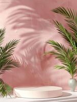 product podium for advertising with pink background and palm tree tropical summer theme photo