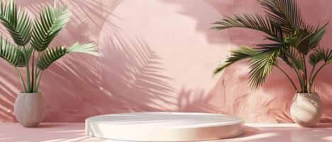 product podium for advertising with pink background and palm tree tropical summer theme photo