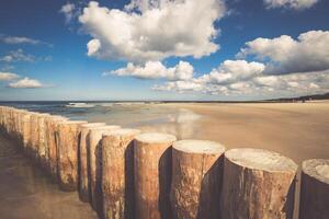 de madera rompeolas en arenoso leba playa en tarde tarde, báltico mar, Polonia foto