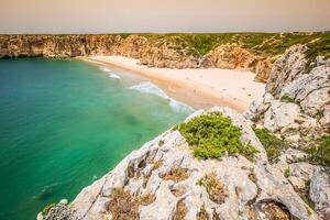 Beautiful bay and sandy beach of Praia do Beliche near Cabo Sao Vicente, Algarve region, Portugal photo