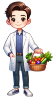 A cute Nutritionist holding a basket of fresh produce smiling and standing confidently isolated png