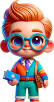 A cute male baby Librarian with glasses holding a book smiling and standing confidently isolated png