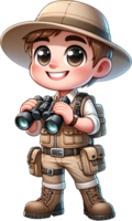 A cute Zoologist in field attire holding binoculars smiling and standing confidently isolated png