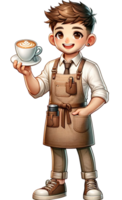 A cute Barista man in an apron holding a cup of coffee with latte art smiling and standing confidently isolated png