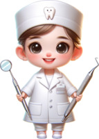 A cute female baby dentist in a white coat with dental tools in hand isolated png