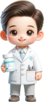 A cute male baby Pharmacist in a white coat holding a medication bottle smiling and standing confidently isolated png