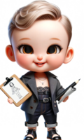 A cute female baby fashion designer in stylish attire holding a sketchpad png