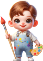 A cute male baby painter in uniform with a brush smiling and standing confidently png