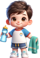 A cute Fitness Trainer in sportswear holding a water bottle and a towel smiling and standing confidently isolated png